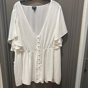 Deep V, Flutter Sleeves White Women's Top